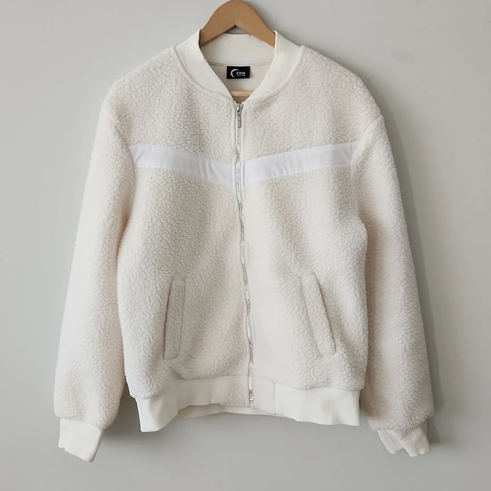 Zyia Off White Flying V Fleece Sherpa Jacket Women's Sz Medium - Picture 2 of 11